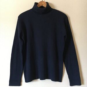 Vintage Navy Blue Turtleneck Sweater M Wool Ribbed Knit Dark Academia 90s